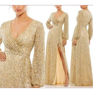 NWT Mac Duggal 5213 Champagne Sequined Long Sleeve Faux Wrap Gown